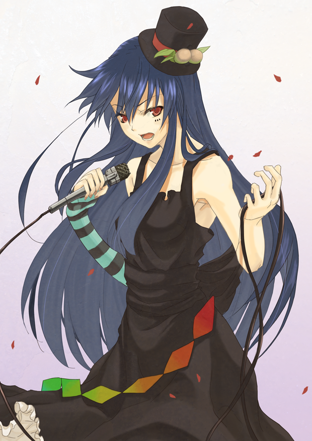 maou, sengoku aky, akiyama mio, hinanawi tenshi, don't say "lazy", k-on!, touhou, striped, 1girl, akiyama mio (cosplay), blue hair, cosplay, dress, facepaint, female focus, fingerless gloves, food, fruit, gloves, hat, long hair, microphone, microphone stand, mini hat, mini top hat, parody, peach, red eyes, solo, top hat
