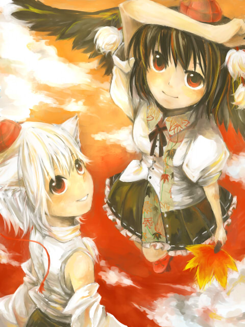 yutapo, inubashiri momiji, shameimaru aya, touhou, silver hair, bad id, bad pixiv id, 2girls, animal ears, female focus, from above, hat, looking up, multiple girls, pom pom (clothes), puffy short sleeves, puffy sleeves, red eyes, shirt, short sleeves, tokin hat, white shirt, wolf ears
