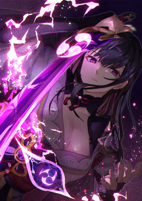 raiden shogun, genshin impact, commentary, 1girl, armor, arms up, asymmetrical sleeves, blunt bangs, breasts, bridal gauntlets, cleavage, closed mouth, electricity, electro symbol (genshin impact), expressionless, glowing, glowing sword, glowing weapon, holding, holding sword, holding weapon, japanese clothes, katana, kimono, large breasts, looking at viewer, looking to the side, lugiasan, mitsudomoe (shape), mole, mole under eye, multicolored eyes, musou isshin (genshin impact), neck ribbon, off shoulder, powering up, purple eyes, purple hair, purple kimono, purple nails, red pupils, red ribbon, ribbon, sash, shoulder armor, solo, sword, tomoe (symbol), uneven sleeves, weapon, wide sleeves