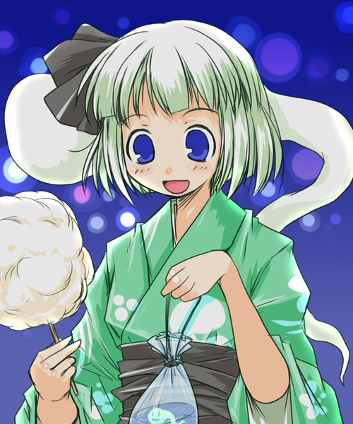 kanoe soushi, konpaku youmu, konpaku youmu (ghost), touhou, bad id, bad pixiv id, 1girl, bag, cotton candy, female focus, festival, fish, food, ghost, goldfish, green kimono, hitodama, holding, holding cotton candy, holding food, japanese clothes, kimono, solo, yukata
