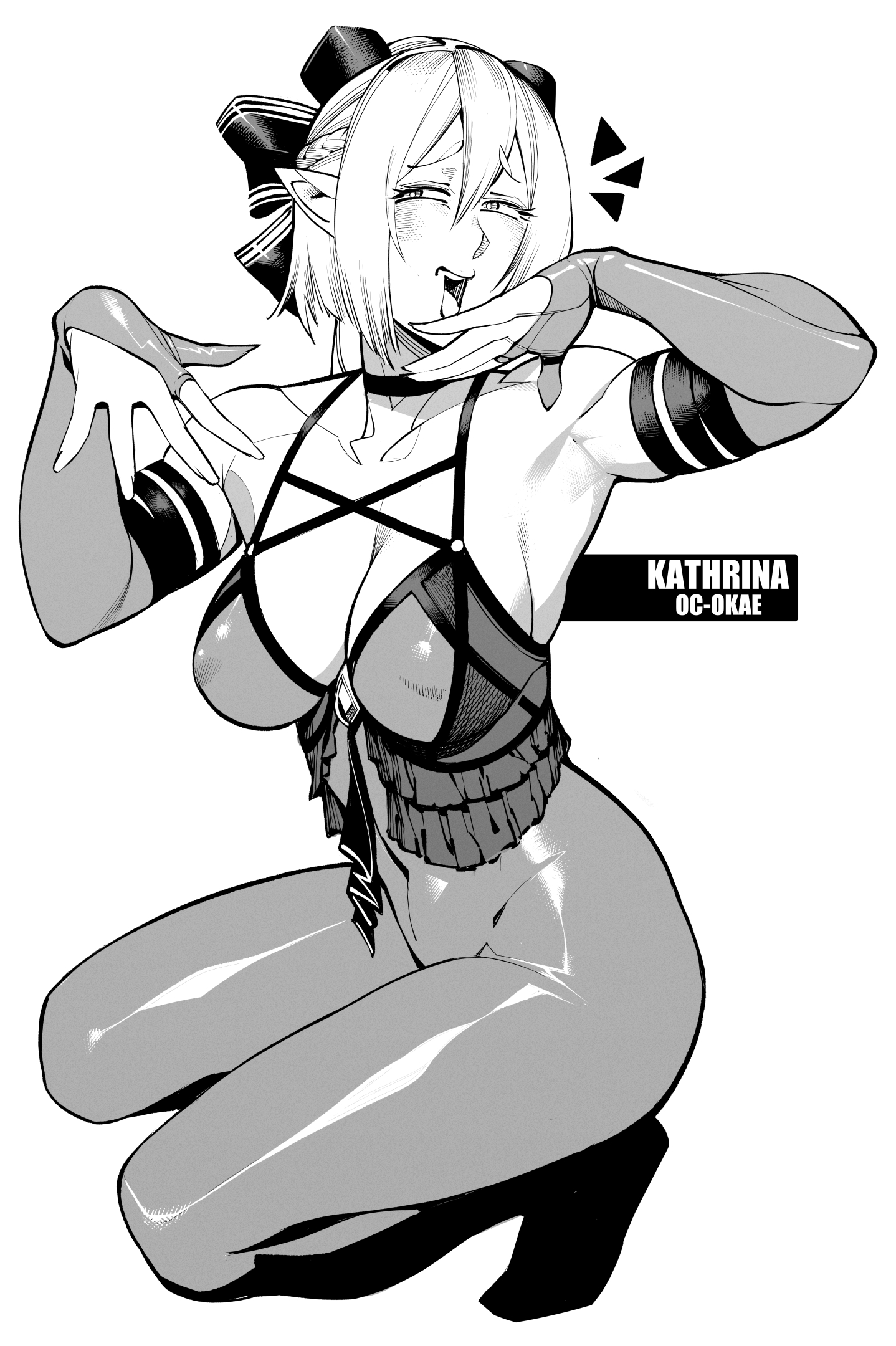 burustandin, original, highres, 1girl, ahoge, breasts, character name, choker, collarbone, detached sleeves, frilled tank top, greyscale, hair ribbon, hands up, kneeling, laughing, looking to the side, monochrome, narrowed eyes, nipples, pointy ears, ribbon, sagging breasts, short hair, solo, spandex, toned, toned female