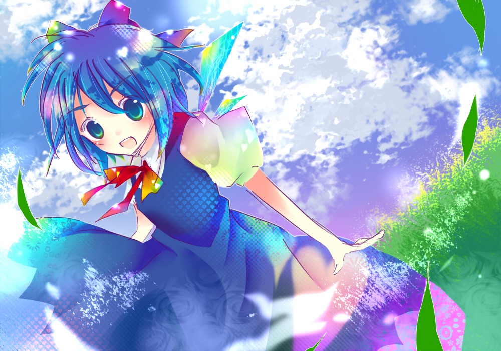 amadukijou, amadukirin, amazuki jou, cirno, touhou, bad id, bad pixiv id, 1girl, blue eyes, blue hair, colorful, female focus, heart, matching hair/eyes, solo