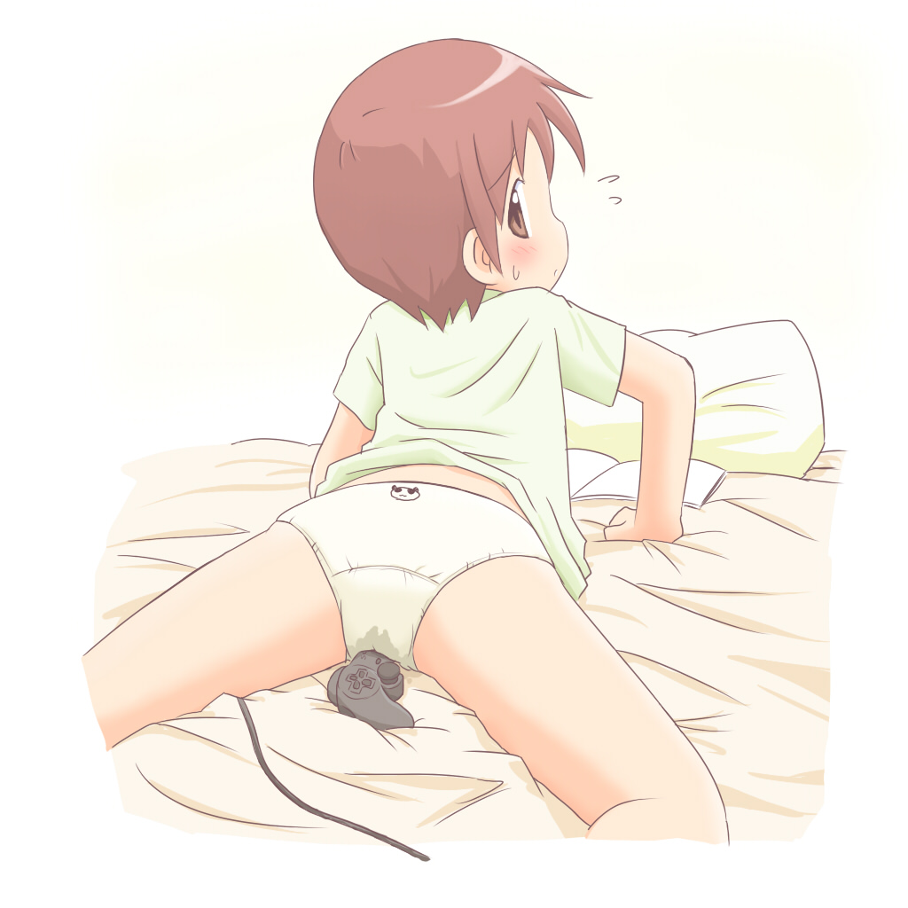 mika-shi, character request, source request, 1girl, animal print, ass, back, back-print panties, bear print, bed, blush, book, brown eyes, brown hair, controller, female focus, female masturbation, flying sweatdrops, green shirt, loli, looking back, lying, masturbation, no pants, on bed, on stomach, panda, panda print, panties, pillow, playing games, playstation controller, print panties, pussy juice, shirt, short sleeves, solo, sweat, sweatdrop, through clothes, through panties, underwear