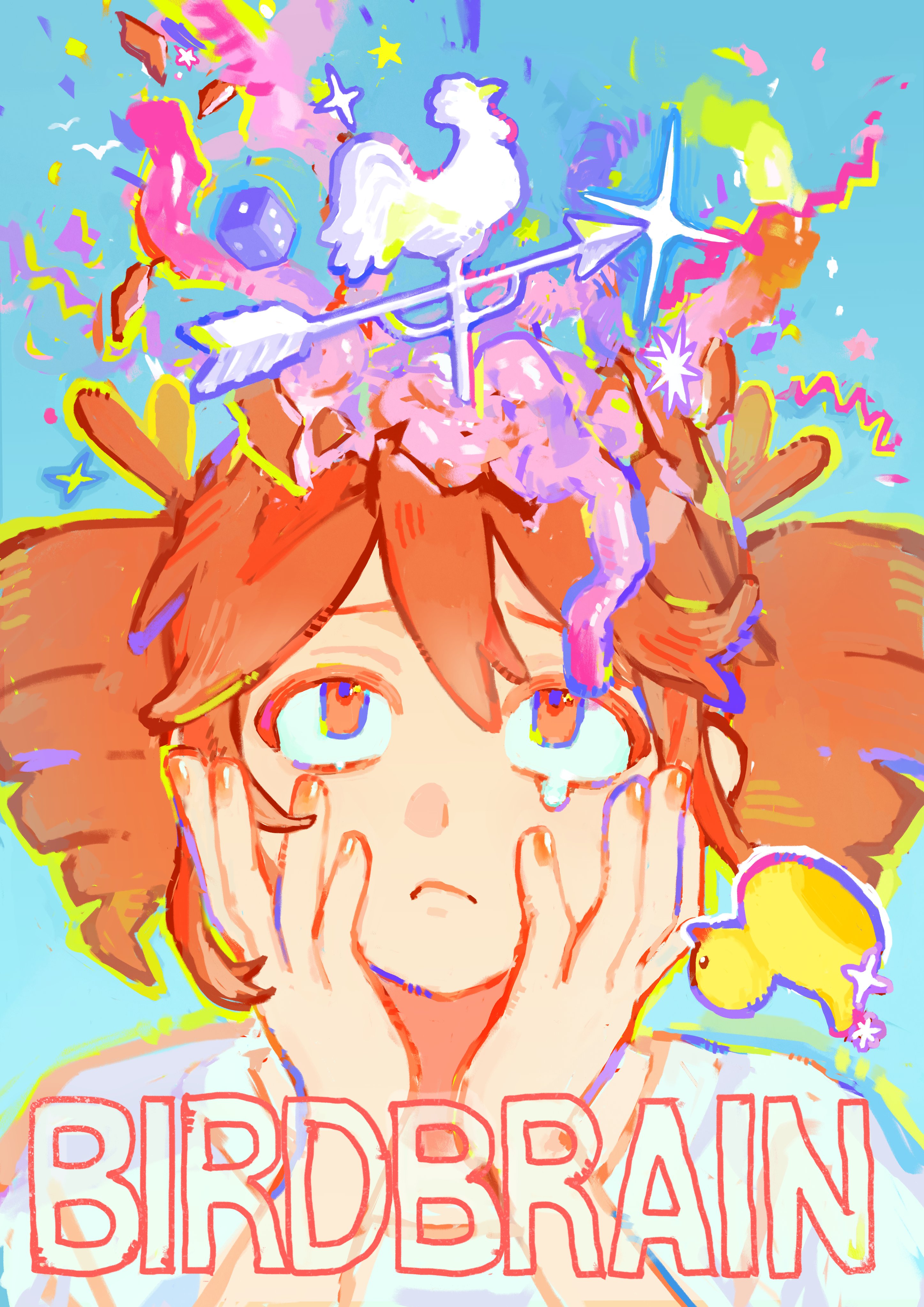 nou 1182, kasane teto, kasane teto (sv), birdbrain (synthesizer v), synthesizer v, utau, absurdres, highres, 1girl, blue background, brain, crying, dice, drill hair, english text, exposed brain, furrowed brow, hair between eyes, hands on own cheeks, hands on own face, looking up, red eyes, red hair, rubber duck, shards, shirt, sparkle, tears, upper body, weather vane, white shirt