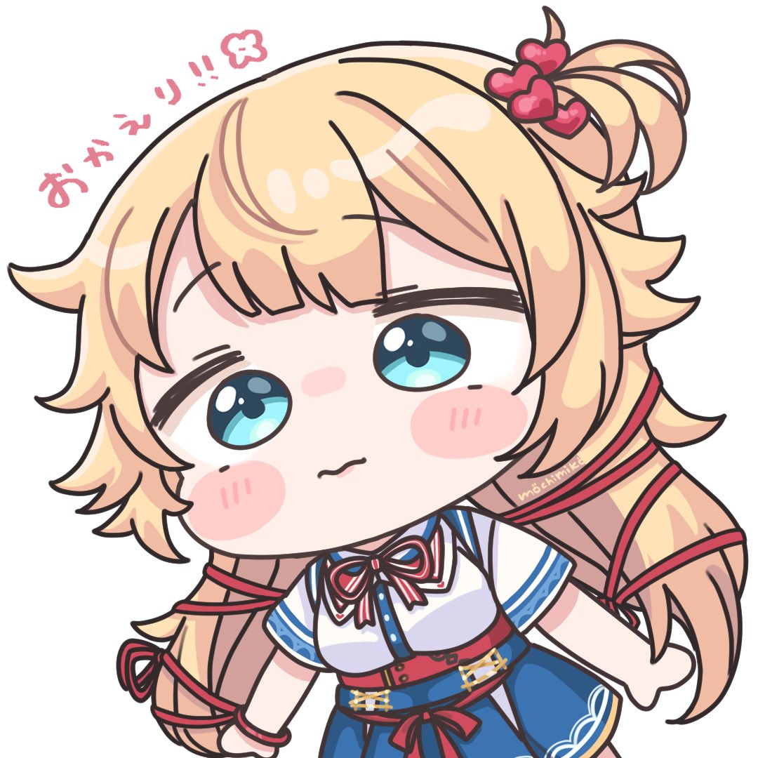 mochimiko, akai haato, akai haato (1st costume), hololive, commentary request, translation request, 1girl, blonde hair, blue eyes, blue skirt, blush stickers, breasts, chibi, closed mouth, collared shirt, dress shirt, hair ornament, heart, heart hair ornament, long hair, medium breasts, pleated skirt, shirt, short sleeves, simple background, skirt, solo, very long hair, virtual youtuber, wavy mouth, white background, white shirt