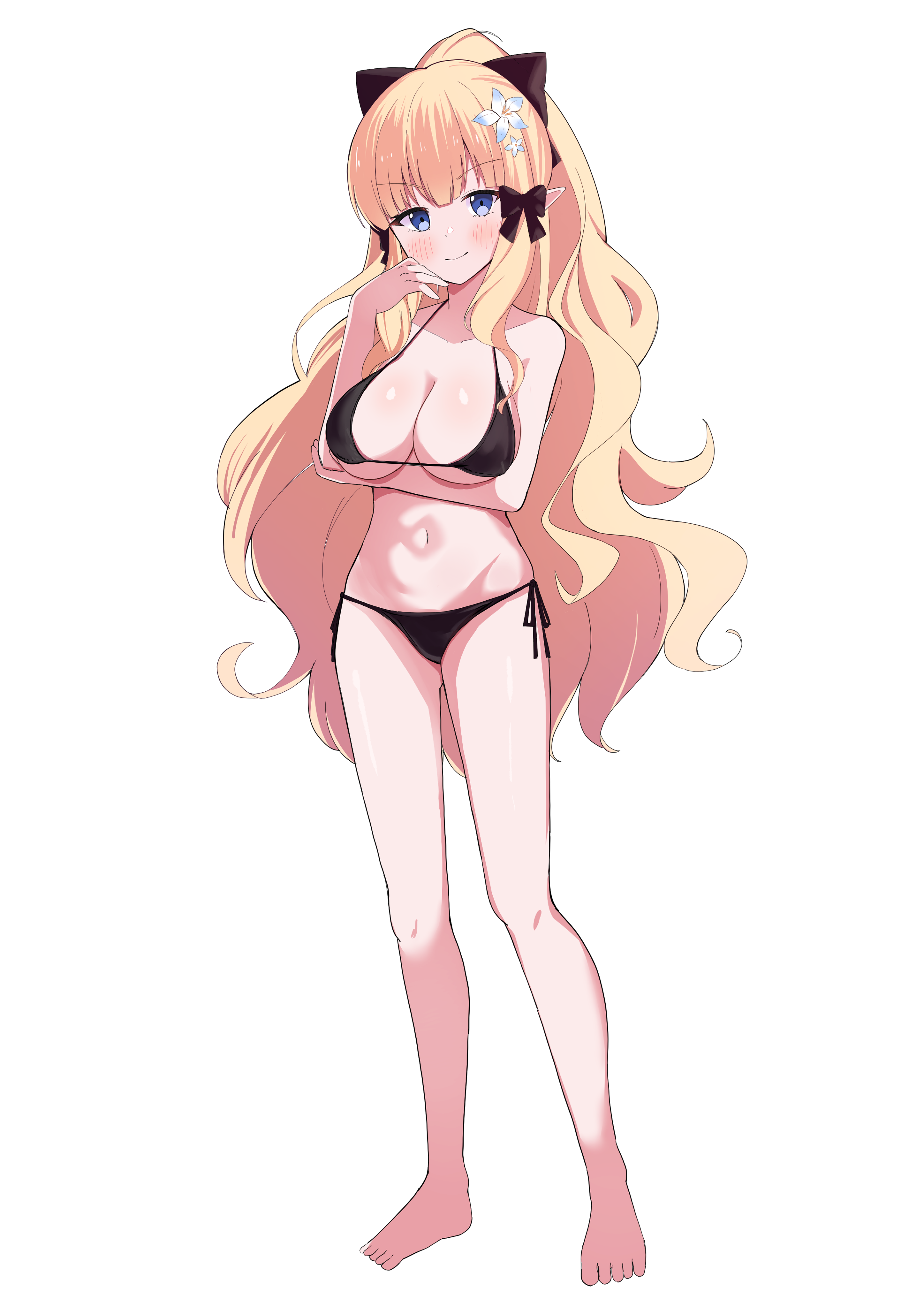 bamiyanpixel, saren (princess connect!), princess connect!, fluffy hair, absurdres, commentary request, highres, 1girl, arm under breasts, barefoot, bikini, black bikini, black bow, blue eyes, blue flower, blush, bow, breasts, closed mouth, flower, full body, hair bow, hair flower, hair ornament, hand up, large breasts, long hair, long sidelocks, navel, side-tie bikini bottom, sidelocks, simple background, smile, solo, standing, stomach, straight-on, string bikini, swimsuit, v-shaped eyebrows, very long hair, wavy hair, white background, wide ponytail, wispy bangs