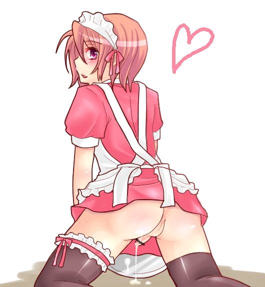 pme, 1boy, androgynous, ass, censored, clothes lift, crossdressing, crossdressing (mtf), cum, male focus, penis, shota, skirt, skirt lift, solo, trap, waitress uniform