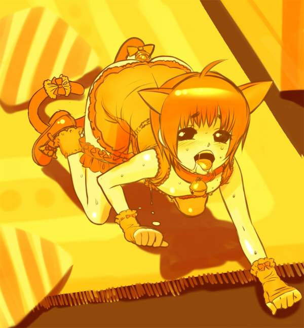 inf, 1boy, all fours, anal beads, anal tail, animal ears, ass, bell, butt plug, cat ears, collar, crossdressing, crossdressing (mtf), cum, fake tail, gloves, neck bell, open mouth, saliva, see-through clothes, sex toy, short hair, shota, solo, sweat, tail, trap, yellow theme