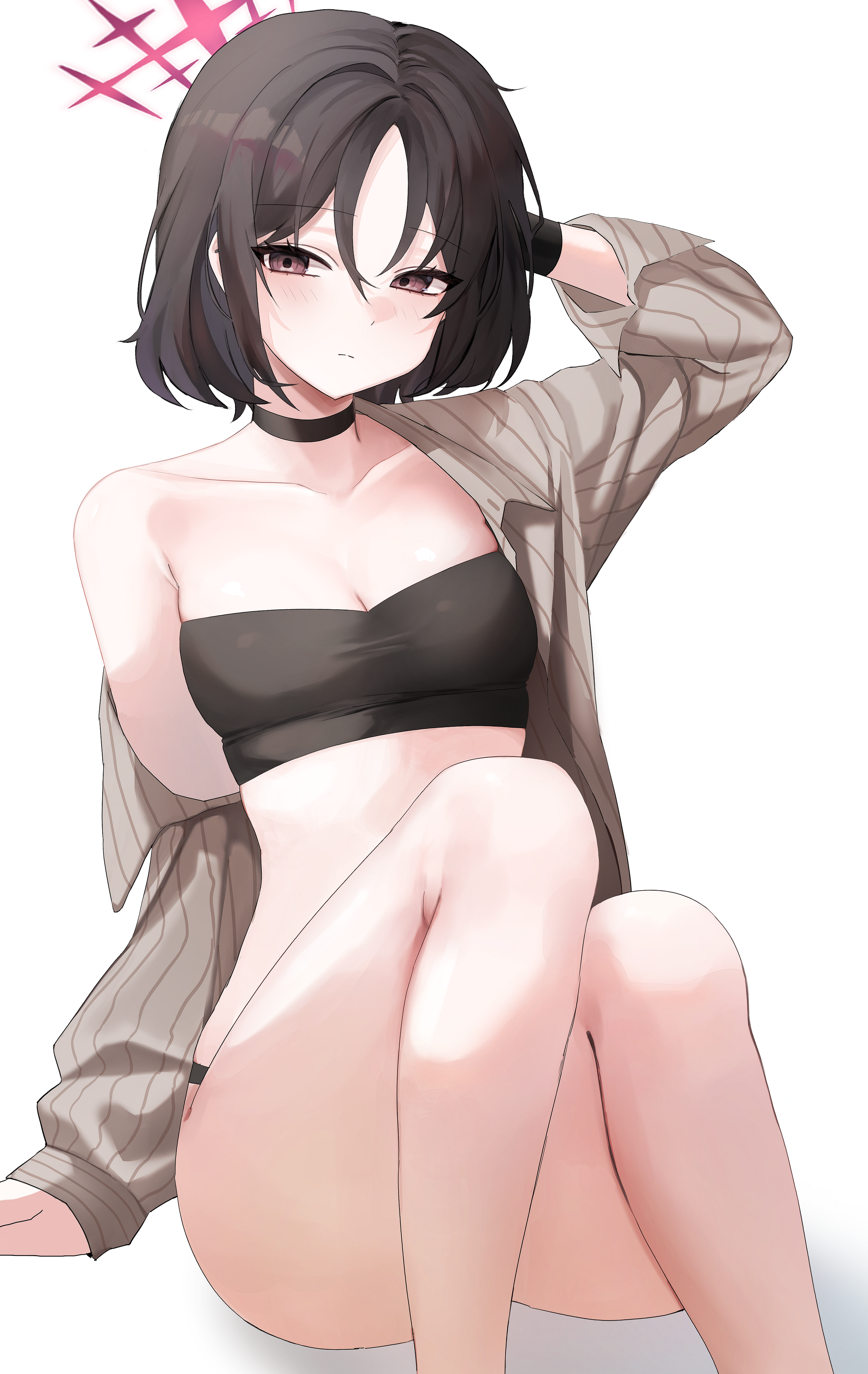 misaki (blue archive), misaki (swimsuit) (blue archive), blue archive, absurdres, highres, 1girl, bandeau, bikini, bikini under clothes, black bandeau, black bikini, halo, nkvl04, official alternate costume, pinstripe pattern, pinstripe shirt, red halo, shirt, solo, star halo, striped clothes, striped shirt, swimsuit, vertical-striped clothes, vertical-striped shirt