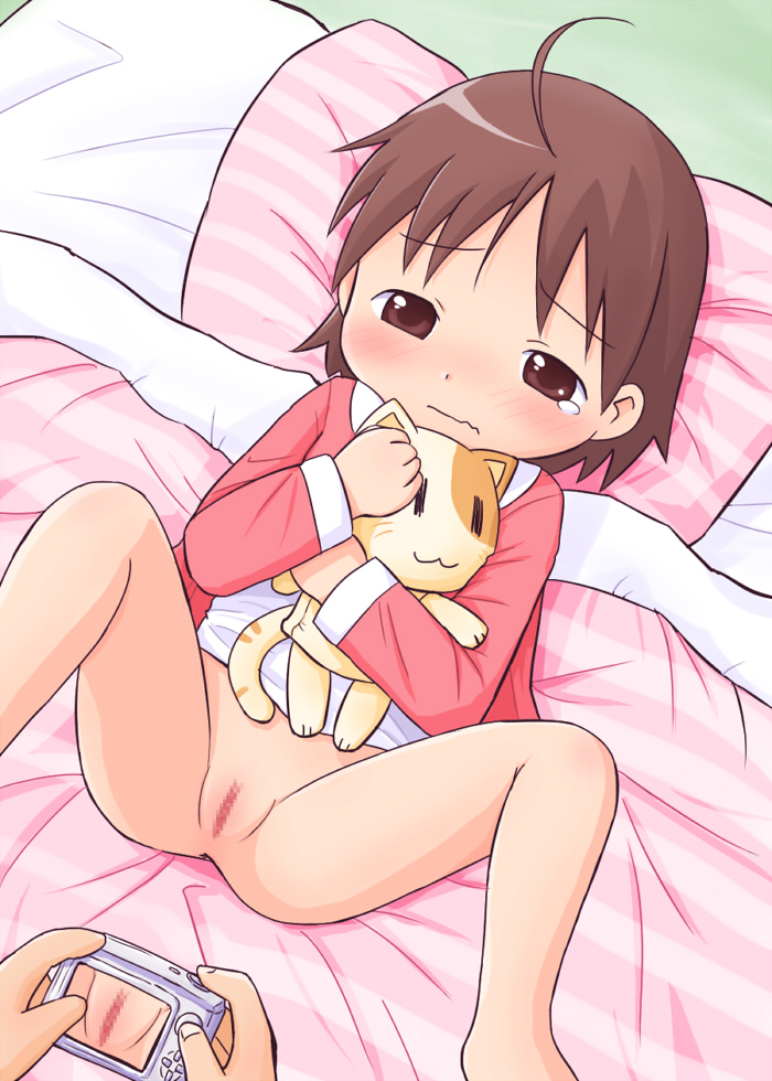 mika-shi, original, 1girl, 1other, ahoge, bed, blanket, blush, bottomless, brown eyes, brown hair, camera, cat, censored, embarrassed, holding, holding camera, hugging object, loli, lying, mosaic censoring, no panties, on back, on bed, pajamas, pillow, presenting pussy, pussy, short hair, spread legs, stuffed animal, stuffed cat, stuffed toy, taking picture, tears