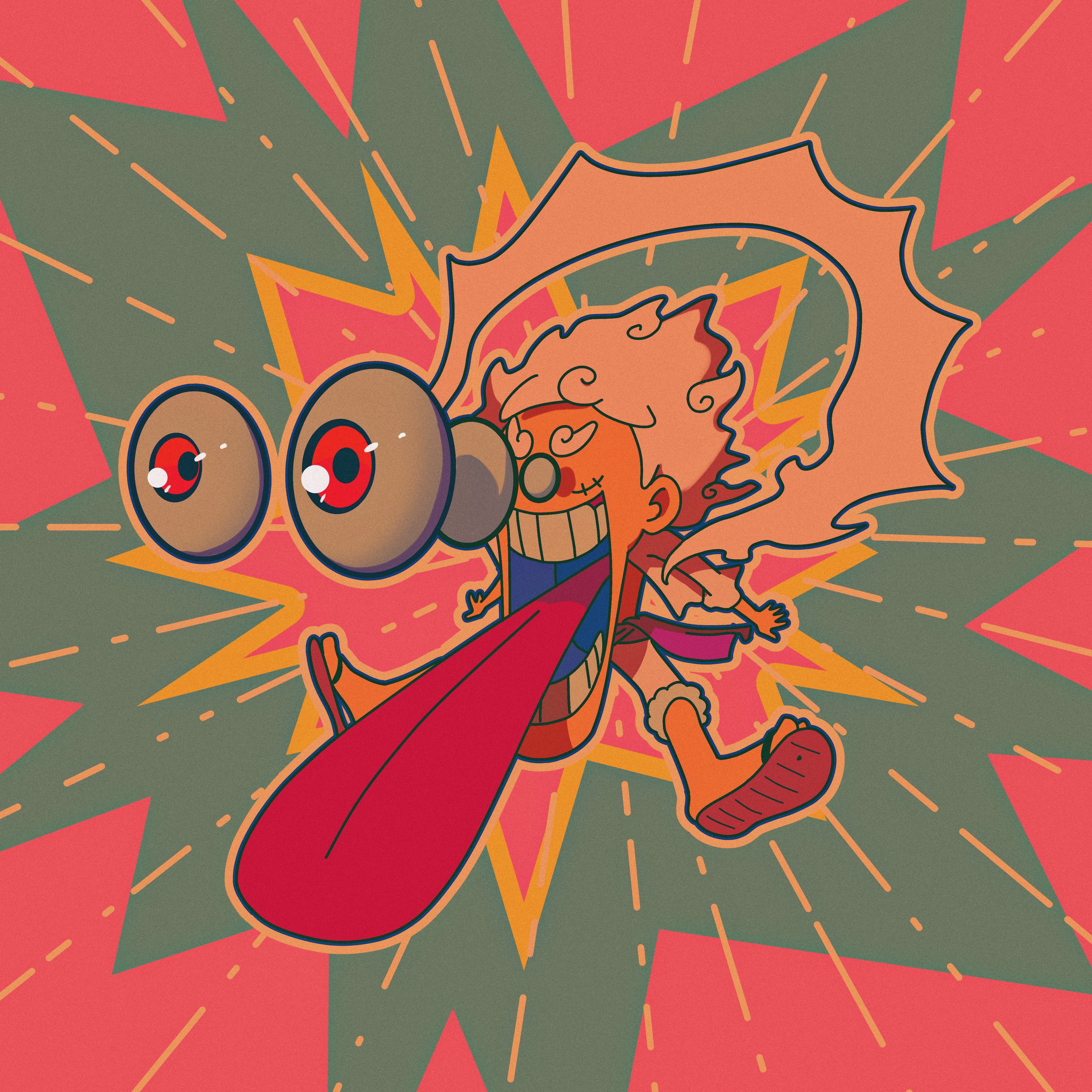 um0gzu1, monkey d. luffy, one piece, absurdres, commentary request, highres, 1boy, bulging eyes, eye pop, male focus, open mouth, purple sash, sandals, sash, scar, scar on face, shirt, short hair, shorts, solo, thick eyebrows, tongue, tongue out, white hair, white shirt, white shorts