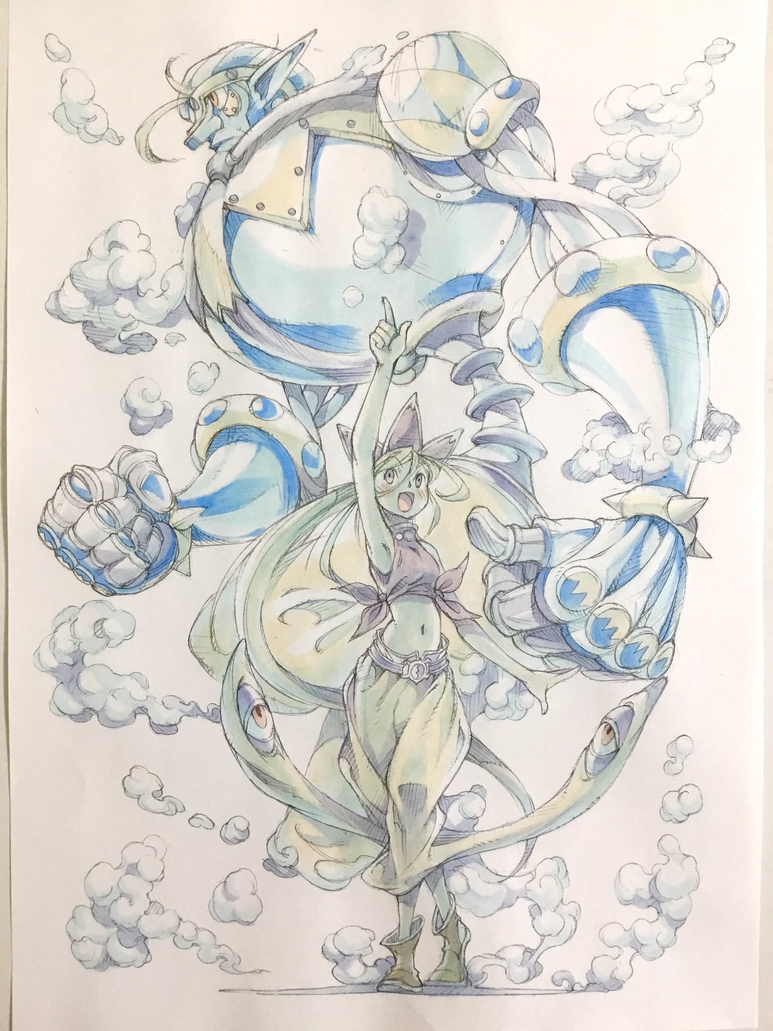 peter salt, original, commentary, highres, traditional media, 1boy, 1girl, arm up, bare arms, beard, belt, black belt, black eyes, blonde hair, blue hat, bracelet, brown eyes, clenched hand, facial hair, floating, genie, goatee, half-closed eyes, harem pants, hat, jewelry, living clothes, long beard, long hair, looking up, mecha, midriff, navel, nose, open mouth, pants, pointing, pointing up, pointy ears, ponytail, puffy pants, red hat, red shirt, robot, shirt, sleeveless, sleeveless shirt, smile, spiked bracelet, spikes, steam, striped clothes, striped headwear, tied shirt, very long hair, white hair, yellow pants