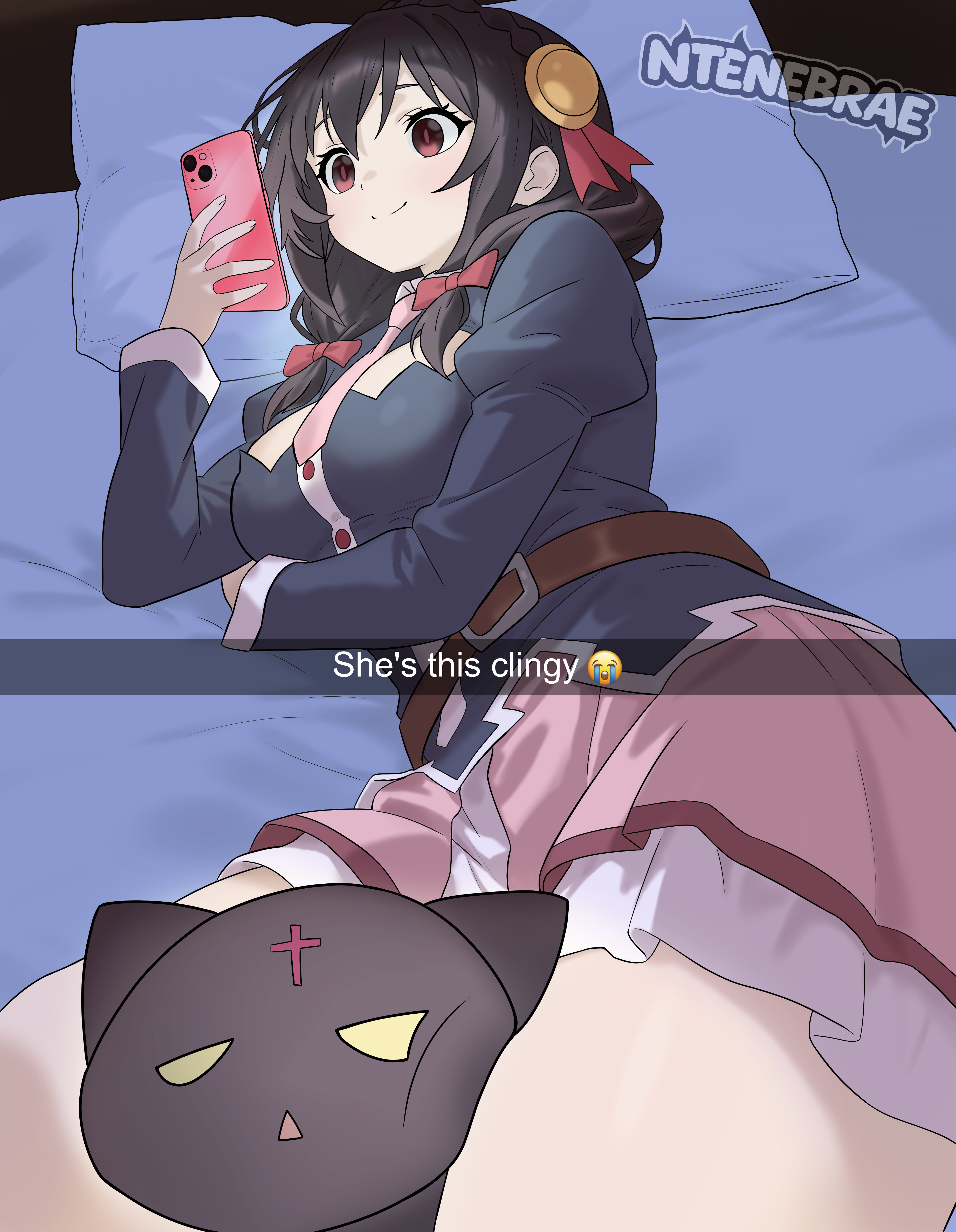 ntenebrae, chomusuke, yunyun (konosuba), kono subarashii sekai ni shukufuku wo!, snapchat, absurdres, commission, highres, photo-referenced, 1girl, between breasts, between thighs, bow, braid, breasts, brown hair, cellphone, crown braid, crying emoji, emoji, english text, hair bow, hair ornament, head between thighs, head on pillow, holding, holding phone, i'm this clingy (meme), looking at phone, looking at viewer, low twintails, lying, meme, necktie, necktie between breasts, on bed, on side, phone, pillow, pink necktie, pink skirt, red bow, red eyes, red prison magic school uniform, school uniform, screen light, skirt, smartphone, smile, twintails