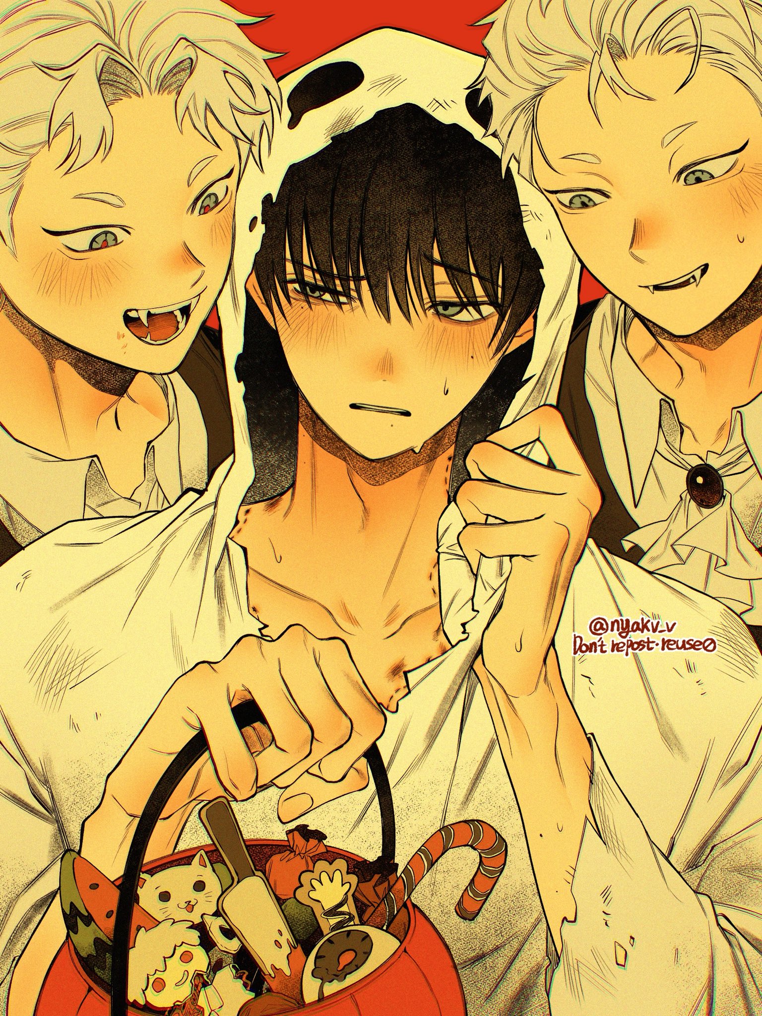 indou hikaru, tsujinaka yoshiki, hikaru ga shinda natsu, highres, 3boys, bite mark, bite mark on shoulder, black hair, blush, dual persona, fangs, ghost costume, grey eyes, halloween, indou hikaru (human), male focus, mole, mole on cheek, mole on neck, mole under eye, mole under mouth, multiple boys, multiple moles, nyakv v, red background, red pupils, short hair, simple background, sweat, teeth, twitter username, vampire costume, white hair