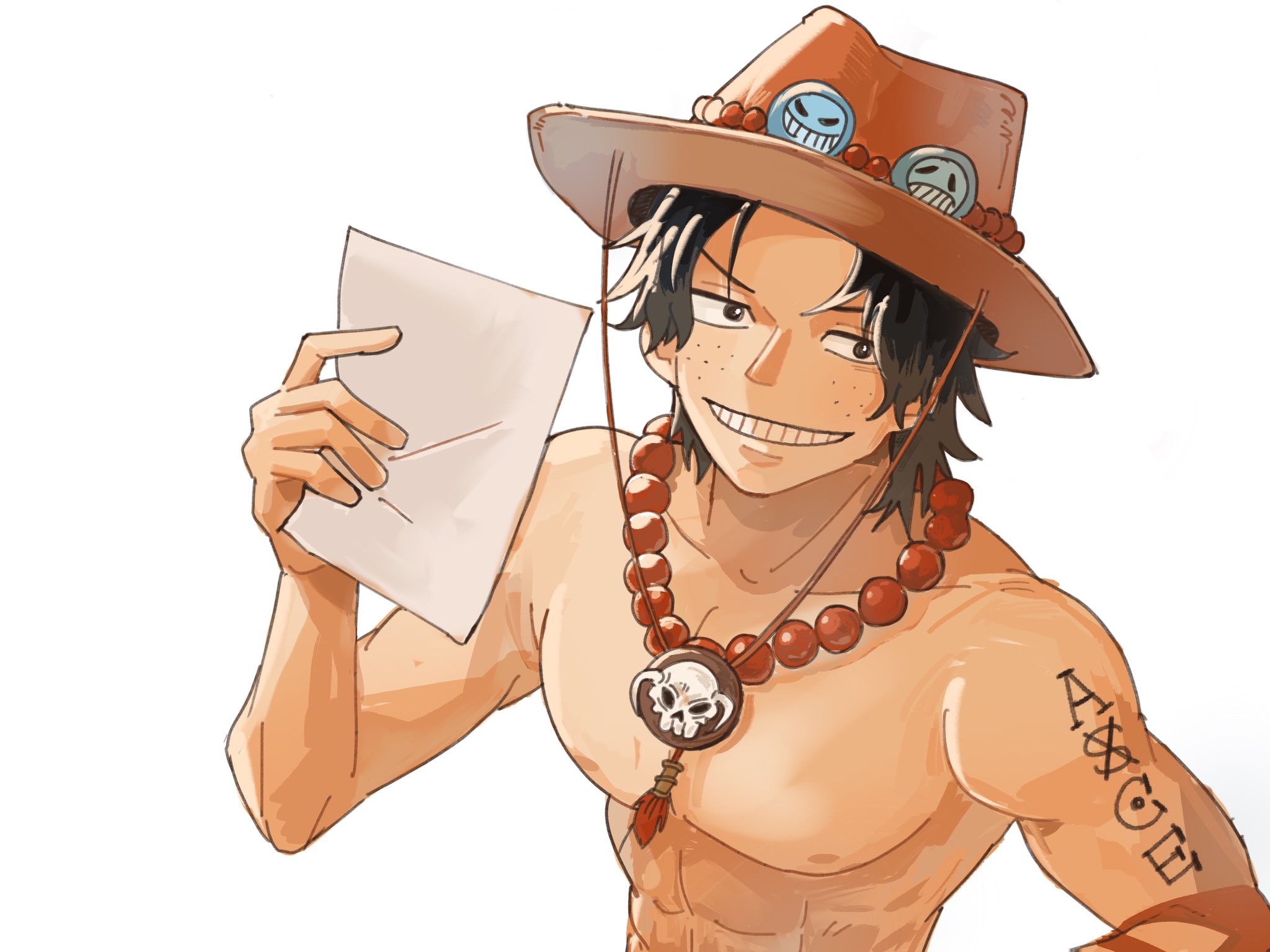 gangan233, portgas d. ace, one piece, hashtag-only commentary, highres, 1boy, abs, arm tattoo, black hair, elbow pads, freckles, hat, holding, holding paper, jewelry, looking at viewer, male focus, necklace, orange hat, paper, pearl necklace, short hair, simple background, single elbow pad, solo, tattoo, topless male, upper body, white background