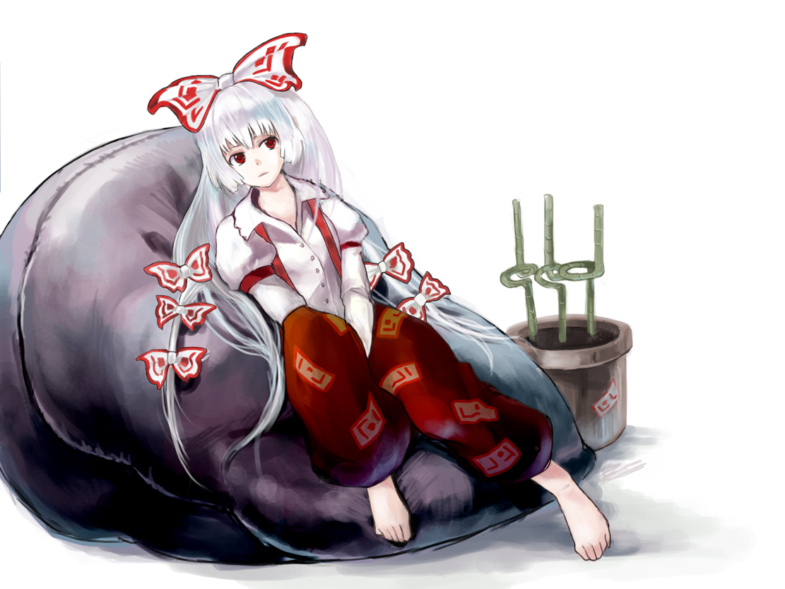 fujiwara no mokou, touhou, 1girl, armchair, barefoot, chair, feet, female focus, full body, sitting, solo, white background
