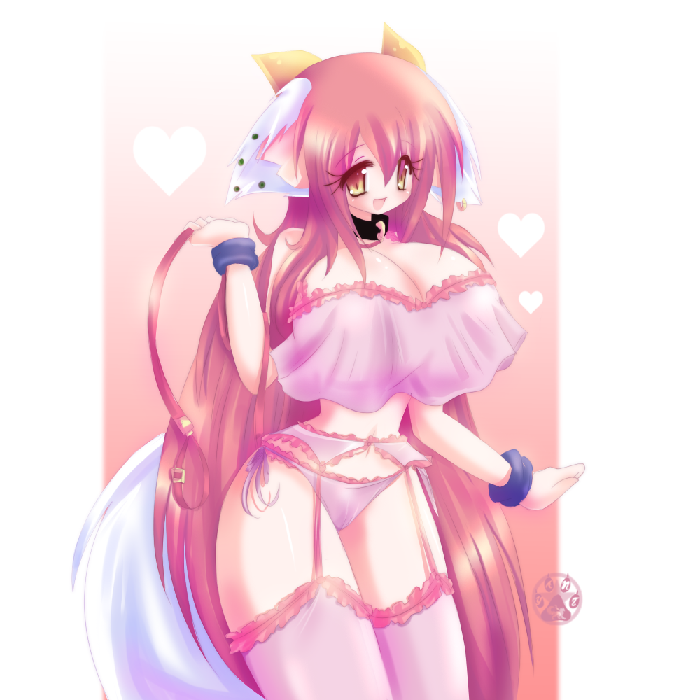yant, yanti (character), animal ears, breasts, cleavage, huge breasts, leash, lingerie, long hair, o, underwear, very long hair