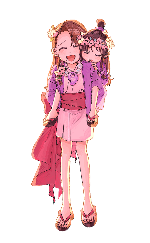 oyoyo pe, maya fey, mia fey, ace attorney, commentary, 2girls, :d, ^ ^, aged down, bead necklace, beads, black hair, black sandals, bracelet, breasts, brown hair, carrying, closed eyes, drooling, flower, flower wreath, hair flower, hair ornament, hanten (clothes), jacket, japanese clothes, jewelry, kimono, long hair, magatama, magatama necklace, mole, mole on breast, mouth drool, multiple girls, necklace, open mouth, piggyback, pink kimono, purple jacket, red sash, sandals, sash, siblings, sisters, sleeping, smile, sphere hair ornament, topknot, white background, zouri