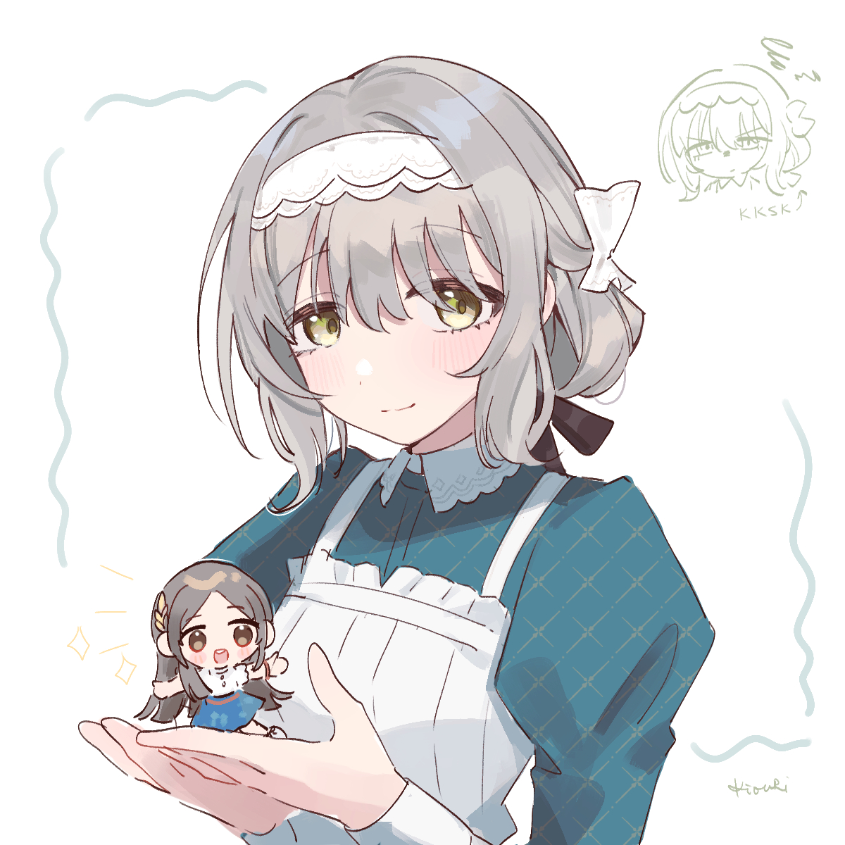 kiouri, hiwatari kanae, hiwatari makoto, kuramoto china, gakuen idolmaster, idolmaster, highres, 2girls, apron, brown hair, closed mouth, dress, green dress, green eyes, grey hair, holding chibi, long hair, long sleeves, multiple girls, puffy sleeves, short hair, sidelocks, smile, solo focus, squiggle, very long hair, white apron