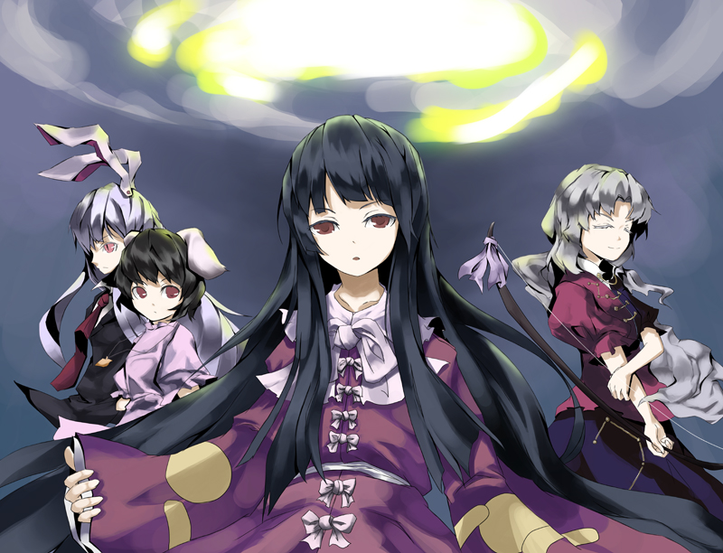 tulaca (pixiv), houraisan kaguya, inaba tewi, reisen udongein inaba, yagokoro eirin, touhou, bad id, bad pixiv id, 4girls, animal ears, cloud, female focus, multiple girls, outdoors, rabbit ears, sky, standing