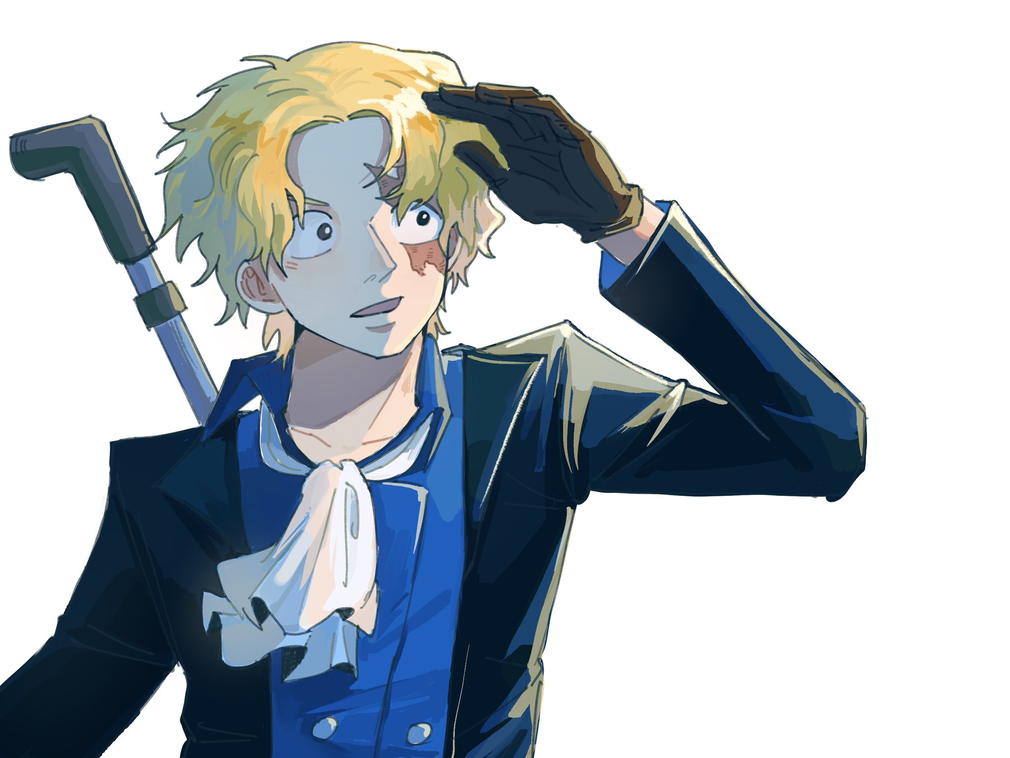 gangan233, sabo (one piece), one piece, commentary, hashtag-only commentary, highres, symbol-only commentary, 1boy, ascot, blonde hair, blue shirt, brown gloves, coat, gloves, looking to the side, male focus, open mouth, scar, scar on face, shirt, short hair, simple background, solo, upper body, white ascot, white background