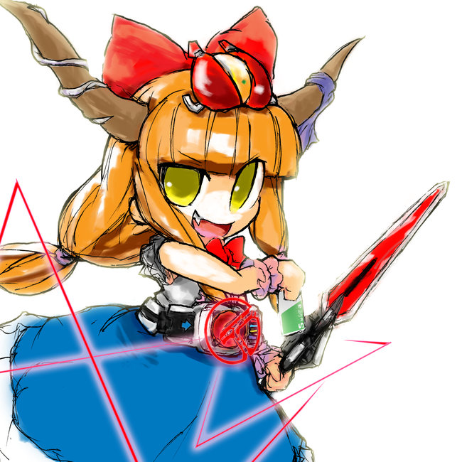 hashimoto, ibuki suika, kamen rider den-o, kamen rider den-o (sword form), kamen rider, kamen rider den-o (series), touhou, 1girl, belt, fang, female focus, horns, mask, parody, solo, standing, sword, weapon, white background