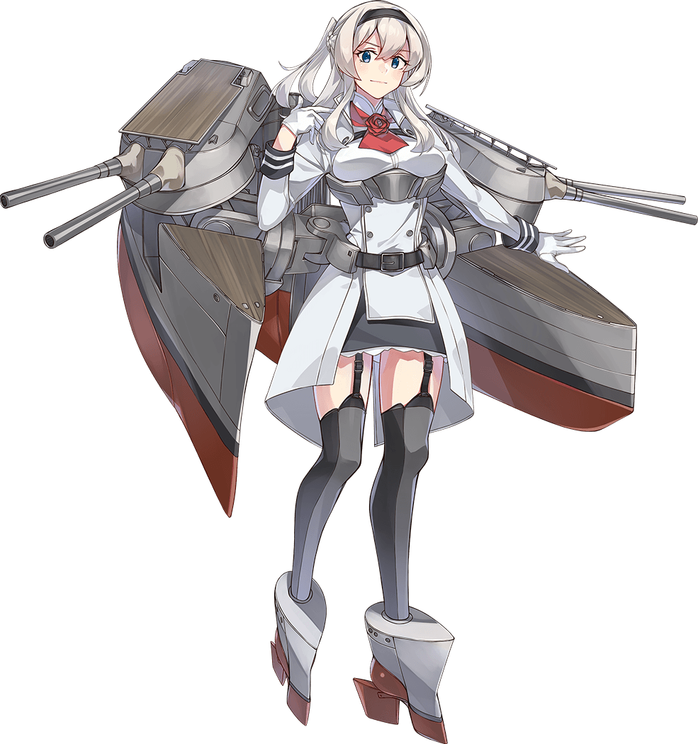 konishi (koconatu), glorious (kancolle), kantai collection, official art, second-party source, 1girl, belt, black belt, black gloves, black hairband, black skirt, blue eyes, bow, braid, breasts, flower, full body, garter straps, gloves, grey hair, grey thighhighs, hairband, half up braid, half updo, jacket, medium breasts, military uniform, parted lips, ponytail, red bow, red flower, red rose, rigging, rose, rudder footwear, skirt, smile, smokestack, solo, thighhighs, transparent background, weapon, white jacket