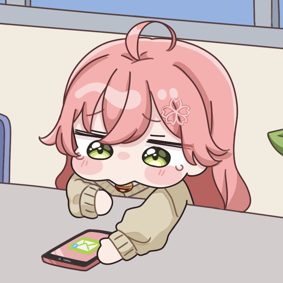 mochimiko, sakura miko, hololive, commentary, 1girl, ahoge, bell, brown jacket, cellphone, chair, chibi, green eyes, indoors, jacket, jingle bell, long hair, long sleeves, neck bell, phone, pink hair, puffy long sleeves, puffy sleeves, sleeves past wrists, solo, table, tears, upper body, virtual youtuber, window, yurie mouth
