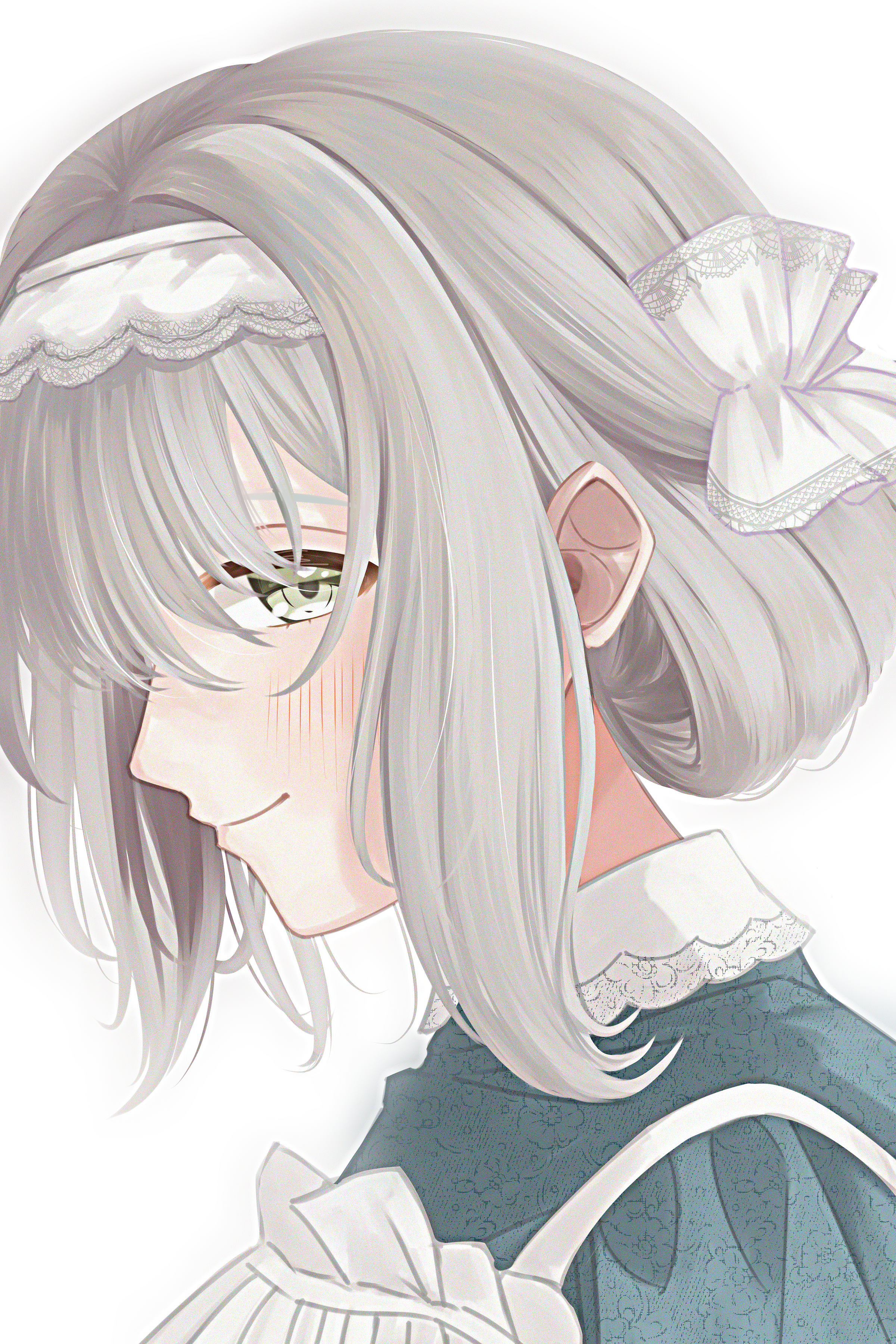 saohahu, hiwatari kanae, gakuen idolmaster, idolmaster, absurdres, highres, 1girl, apron, blush, closed mouth, dress, folded hair, green dress, grey hair, hair intakes, looking at viewer, medium hair, sidelocks, simple background, smile, solo, white apron, white background