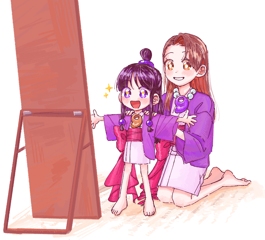 oyoyo pe, maya fey, mia fey, ace attorney, commentary, 2girls, :d, aged down, barefoot, bead necklace, beads, black hair, brown eyes, brown hair, grin, hair ornament, hands on another's shoulders, hanten (clothes), jacket, japanese clothes, jewelry, kimono, kneeling, light blush, magatama, magatama necklace, mirror, multiple girls, necklace, obi, open mouth, pink kimono, purple eyes, purple jacket, red sash, ring hair ornament, sash, siblings, sisters, smile, sparkle, sparkling eyes, sphere hair ornament, t-pose, topknot