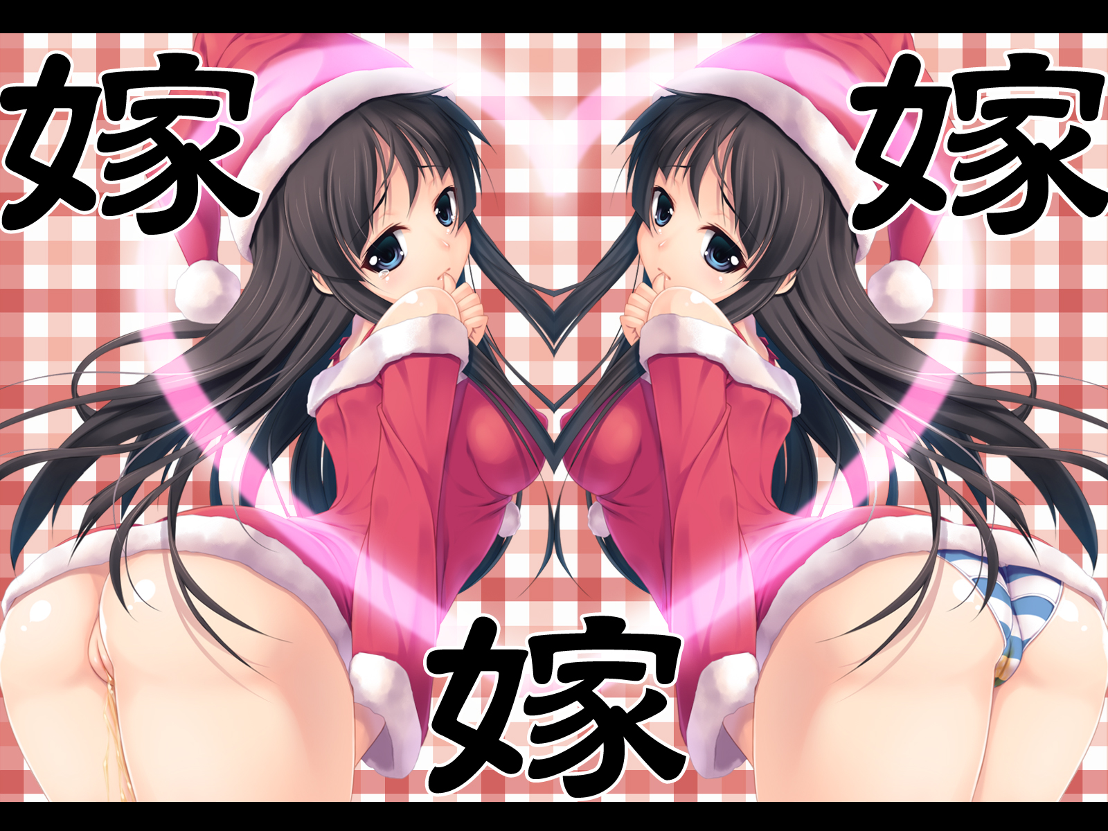 fujirin, akiyama mio, k-on!, highres, 00s, 1girl, ass, bare shoulders, bent over, black hair, blue eyes, christmas, cleft of venus, dual persona, female focus, hat, heart, long hair, looking back, no panties, panties, pee, peeing, pussy, santa costume, santa hat, solo, striped clothes, striped panties, tears, uncensored, underwear