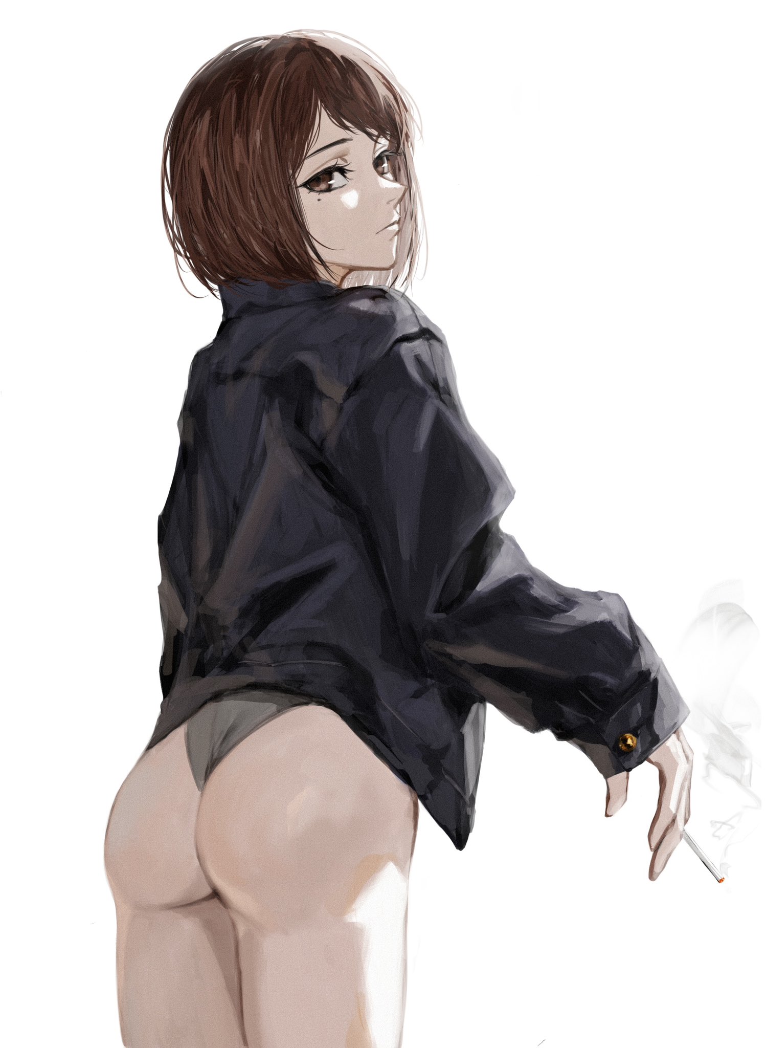 raberu ruru, kugisaki nobara, jujutsu kaisen, highres, 1girl, ass, black jacket, brown eyes, brown hair, cigarette, from behind, holding, holding cigarette, jacket, looking at viewer, mole, mole under eye, panties, short hair, simple background, smoke, solo, underwear, white background