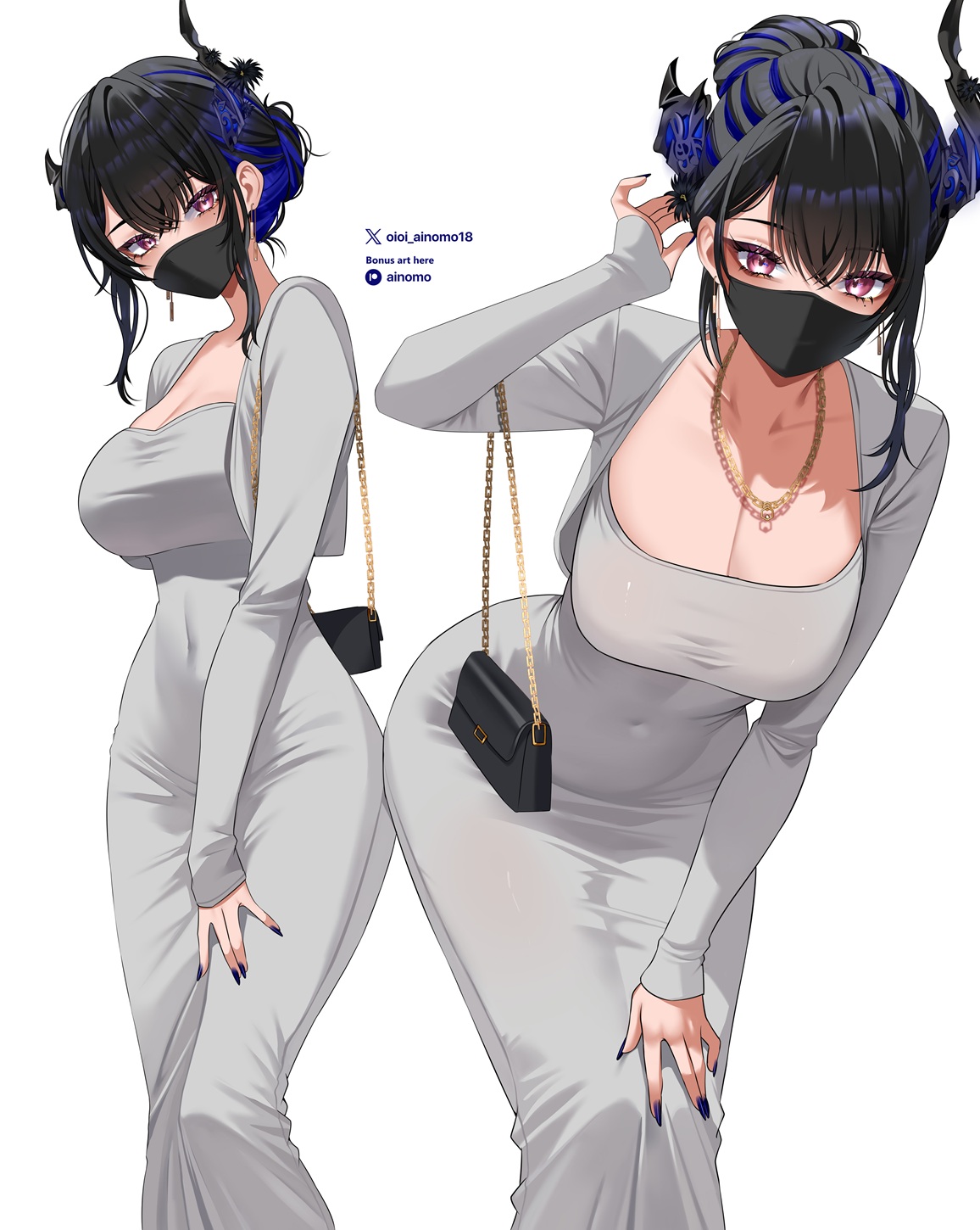 oioi ainomo, nerissa ravencroft, hololive, hololive english, highres, 1girl, black hair, black horns, black mask, blue hair, breasts, cleavage, covered navel, dongtan dress, dress, fingernails, grey dress, horns, jewelry, large breasts, long sleeves, looking at viewer, mask, mouth mask, multicolored hair, multiple views, nail polish, necklace, pink eyes, purple nails, short hair, sidelocks, standing, two-tone hair, virtual youtuber, wallet