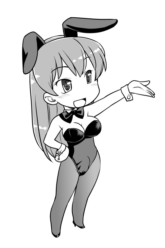 hinemosu notari, 1futa, animal ears, bow, bowtie, bulge, chibi, detached collar, erection, erection under clothes, fake animal ears, futanari, greyscale, hand on own hip, hip focus, monochrome, pantyhose, playboy bunny, rabbit ears, simple background, solo, white background, wrist cuffs