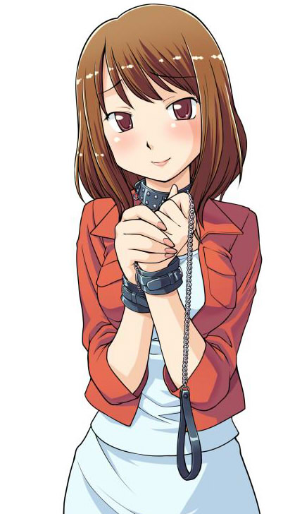 hinemosu notari, hajimete no sm, 1girl, bdsm, blush, bondage, bound, brown eyes, brown hair, collar, cuffs, female focus, leash, nail polish, solo