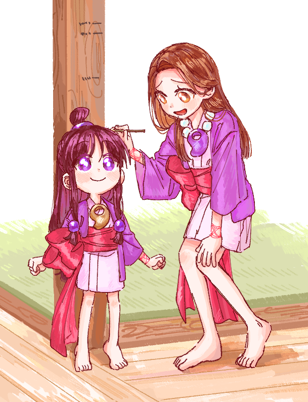 oyoyo pe, maya fey, mia fey, ace attorney, commentary, 2girls, :d, aged down, barefoot, bead necklace, beads, black hair, bracelet, brown eyes, brown hair, hair ornament, hand on own knee, hanten (clothes), height chart, height mark, jacket, japanese clothes, jewelry, kimono, light blush, long hair, low-tied sidelocks, magatama, magatama necklace, marker, mole, mole under mouth, multiple girls, necklace, obi, open mouth, pillar, pink kimono, purple eyes, purple jacket, red sash, ring hair ornament, sash, siblings, sidelocks, sisters, smile, sphere hair ornament, tatami, wide sleeves