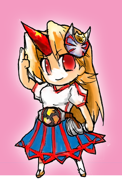 hashimoto, hoshiguma yuugi, kamen rider hibiki, kamen rider, kamen rider hibiki (series), touhou, lowres, 1girl, belt, chibi, female focus, horns, mask, parody, single horn, solo