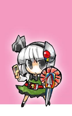hashimoto, kamen rider blade, konpaku youmu, kamen rider, kamen rider blade (series), touhou, lowres, 1girl, belt, bob cut, chibi, female focus, full body, gradient background, katana, parody, simple background, solo, sword, weapon