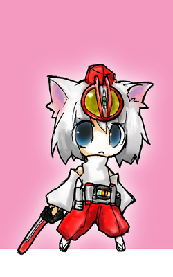 hashimoto, inubashiri momiji, kamen rider faiz, kamen rider, kamen rider 555, touhou, lowres, 1girl, belt, chibi, female focus, full body, parody, solo, standing