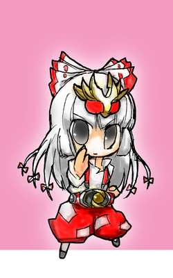 hashimoto, fujiwara no mokou, kamen rider agito, kamen rider agito (ground form), kamen rider, kamen rider agito (series), touhou, lowres, 1girl, altering (agito), belt, bow, chibi, female focus, full body, grey eyes, grey hair, hair bow, long hair, long sleeves, looking at viewer, pants, parody, pink background, red pants, shirt, solo, standing, suspenders, white bow, white shirt