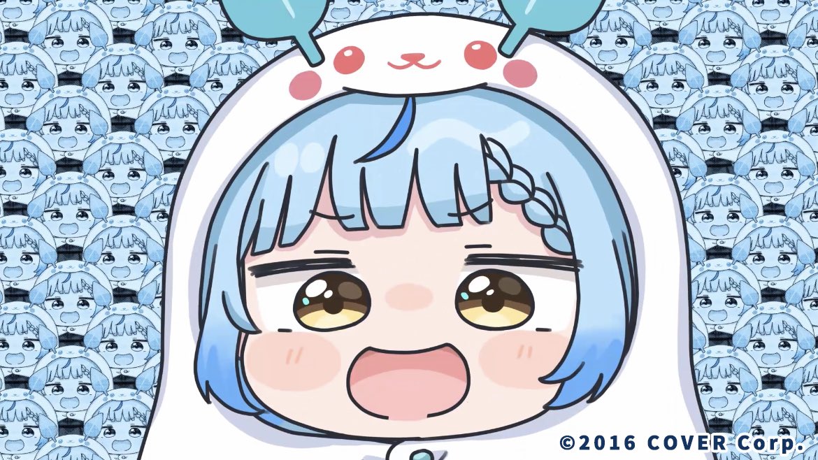 mochimiko, komaru (himouto! umaru-chan), yukihana lamy, himouto! umaru-chan, hololive, commentary request, official art, 6+girls, :d, blue hair, blush stickers, braid, braided bangs, brown eyes, chibi, dress, hood, hood up, multicolored hair, multiple girls, open mouth, recurring image, smile, streaked hair, upper body, virtual youtuber