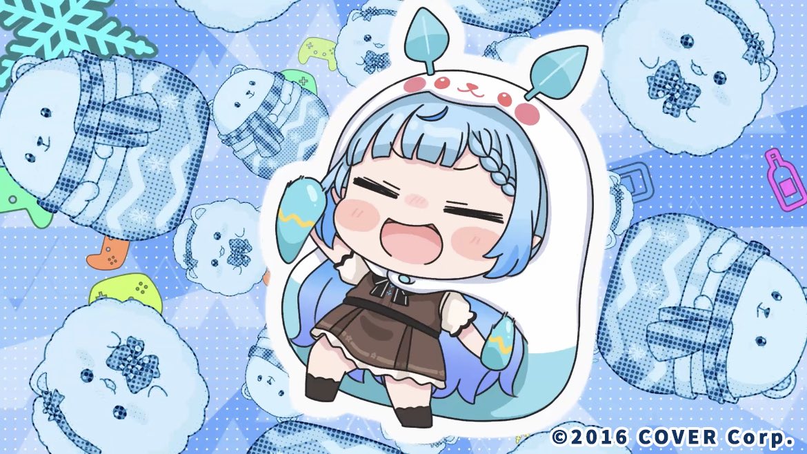 mochimiko, komaru (himouto! umaru-chan), yukihana lamy, himouto! umaru-chan, hololive, official art, 1girl, :d, black socks, blue hair, braid, braided bangs, brown dress, chibi, closed eyes, dress, facing viewer, holding, holding instrument, hood, hood up, instrument, long hair, maracas, multicolored hair, no shoes, open mouth, puffy short sleeves, puffy sleeves, shirt, short sleeves, sleeveless, sleeveless dress, smile, snowflakes, socks, streaked hair, very long hair, virtual youtuber, white shirt