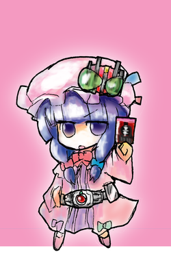 hashimoto, kamen rider decade, patchouli knowledge, kamen rider, kamen rider dcd, touhou, lowres, 1girl, belt, bow, card, chibi, female focus, holding, holding card, parody, pink bow, solo
