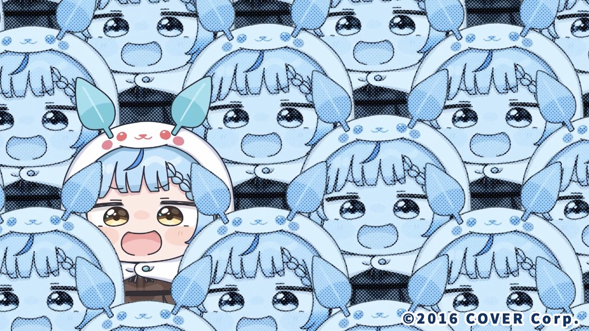 mochimiko, komaru (himouto! umaru-chan), yukihana lamy, himouto! umaru-chan, hololive, official art, 6+girls, :d, blue hair, blush stickers, braid, braided bangs, brown dress, brown eyes, chibi, dress, hood, hood up, multicolored hair, multiple girls, open mouth, recurring image, smile, streaked hair, virtual youtuber