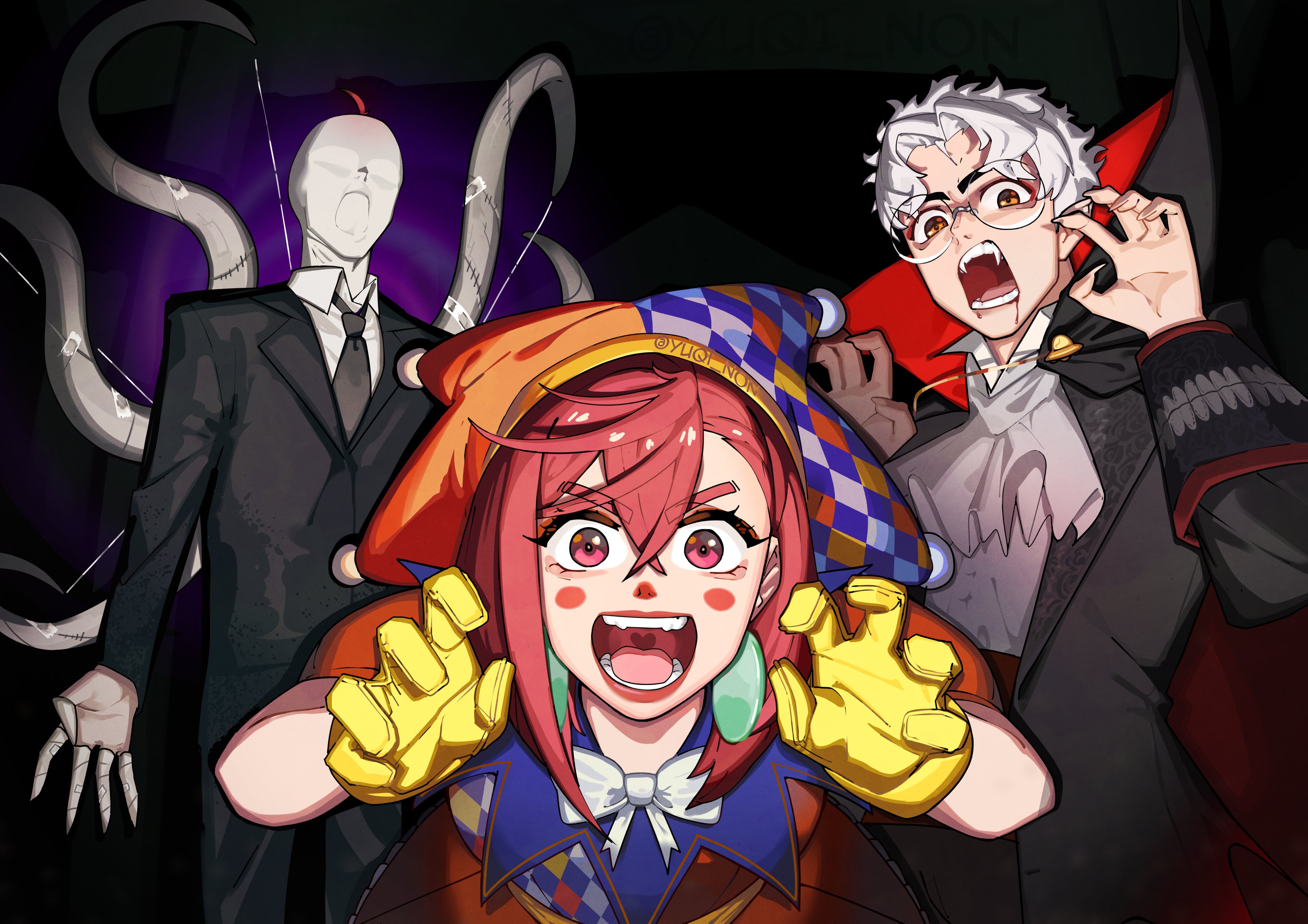 yuqi non, ayase momo, enjoji jin, slender man, takakura ken (dandadan), creepypasta, dandadan, absurdres, commentary, highres, 1girl, 2boys, black background, black cape, black jacket, black necktie, bow, bowtie, brown hair, cape, claw pose, clown, clown makeup, collared shirt, cosplay, cowboy shot, crossed bangs, earrings, fangs, glasses, gloves, hair between eyes, halloween, halloween costume, hat, jacket, jewelry, leaning forward, looking at viewer, multicolored hat, multicolored shirt, multiple boys, necktie, open mouth, red cape, red hair, round eyewear, shirt, short hair, slender man (cosplay), straight-on, suit jacket, tentacles, two-sided cape, two-sided fabric, upper body, vampire, vampire costume, white bow, white bowtie, white hair, white shirt, yellow gloves