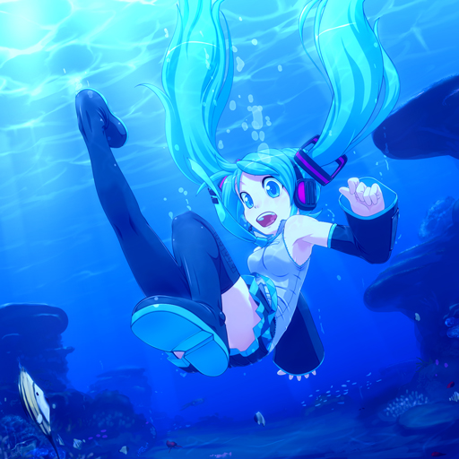 takeda yukimura, hatsune miku, vocaloid, bad id, bad pixiv id, aqua hair, blue eyes, boots, solo, thigh boots, thighhighs, twintails, underwater, wet, wet clothes