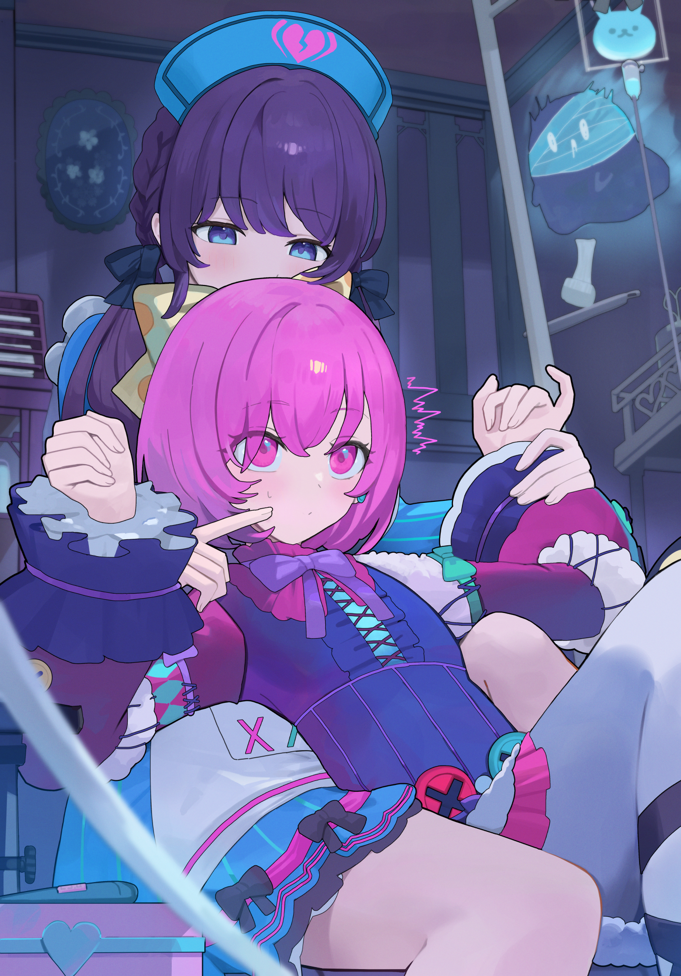 usagi melon3, asahina mafuyu, ootori emu, project sekai, commentary request, highres, 2girls, ^^^, black bow, blue dress, blush, bob cut, bow, braid, center frills, cheek poking, closed mouth, cross-laced clothes, crossed bangs, dress, frills, front-to-back, ghost, hair between eyes, hair bow, hair over shoulder, hat, high-ended braid, holding another's wrist, indoors, intravenous drip, long hair, long sleeves, looking up, low twintails, multiple girls, nurse, nurse cap, official alternate costume, official alternate hairstyle, pantyhose, pink eyes, pink hair, poking, polka dot, polka dot bow, puffy long sleeves, puffy sleeves, purple eyes, purple hair, purple shirt, shirt, short dress, short hair, sidelocks, sitting, sitting between lap, striped clothes, striped dress, surprised, twin braids, twintails, vertical-striped clothes, vertical-striped dress, white pantyhose, wonderhorror~!? na kimodameshi! (project sekai), yellow bow