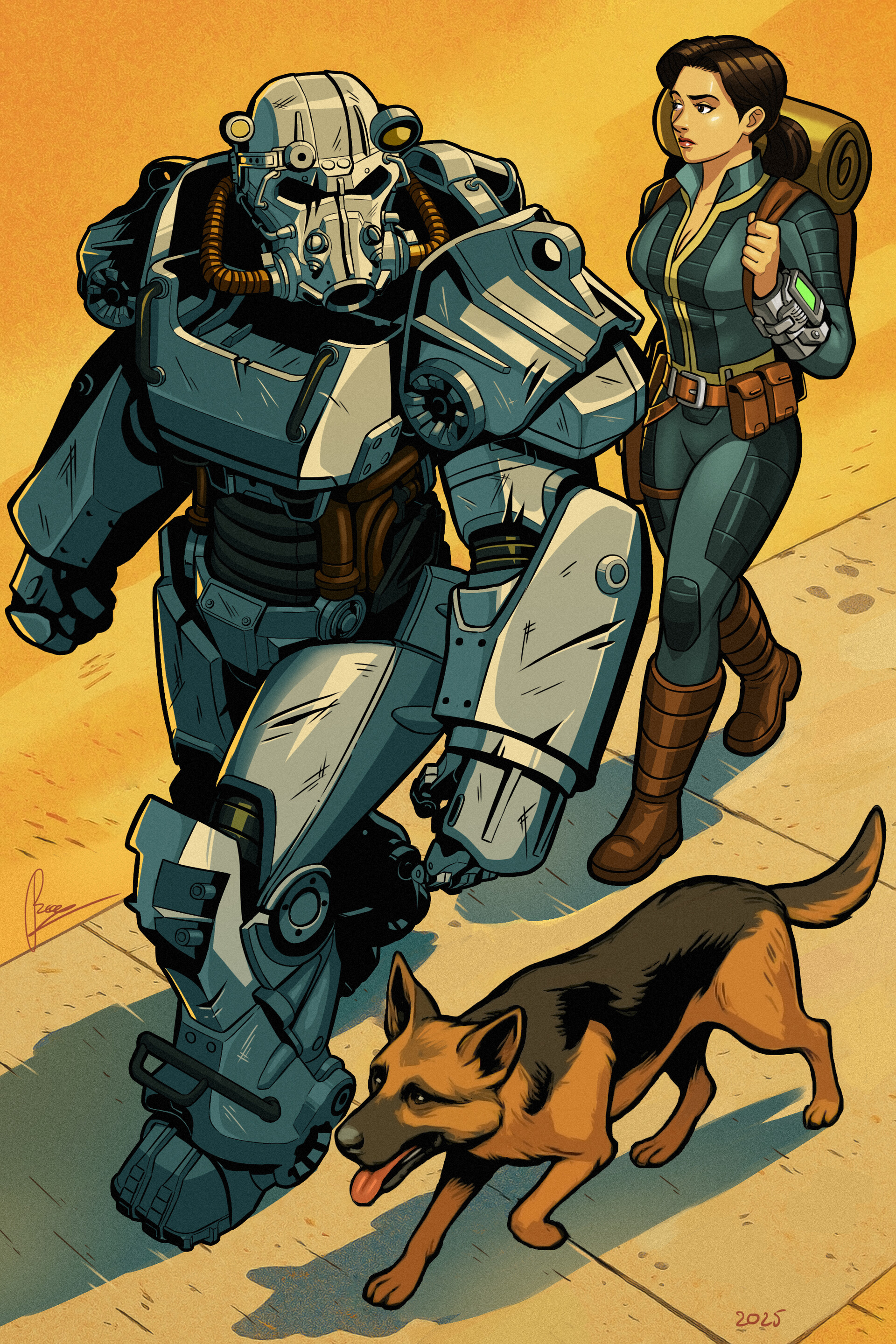 bao nguyen, bethesda, fallout, absurdres, highres, 1boy, 1girl, 2025, animal, armor, backpack, bag, blue jumpsuit, brotherhood of steel, dog, full armor, jumpsuit, pip boy, power armor, power armor (fallout), signature, vault suit, wrist computer, yellow background