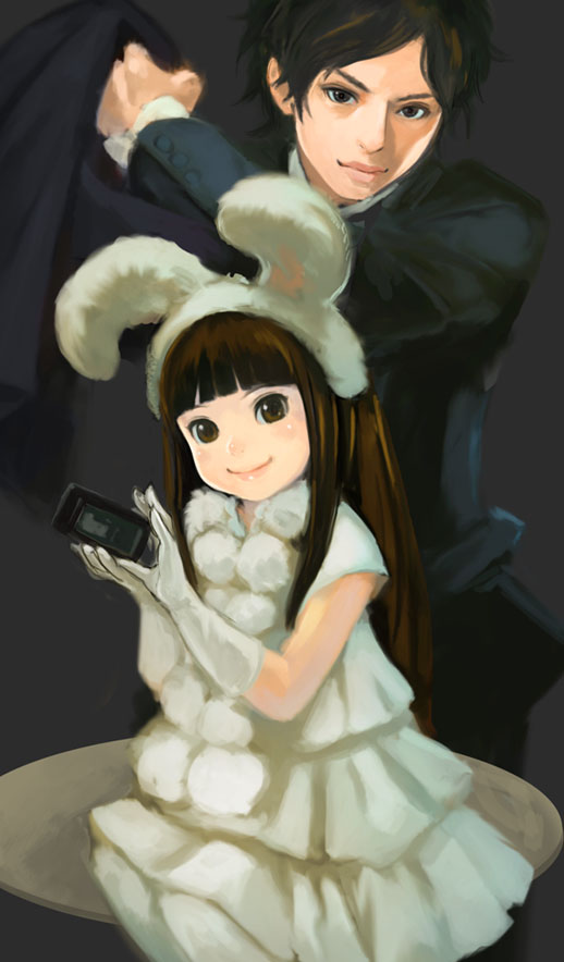 muuten, md5 mismatch, resolution mismatch, 1boy, 1girl, animal ears, brown eyes, brown hair, cellphone, child, dress, elbow gloves, gloves, long hair, phone, rabbit ears, smile, white dress