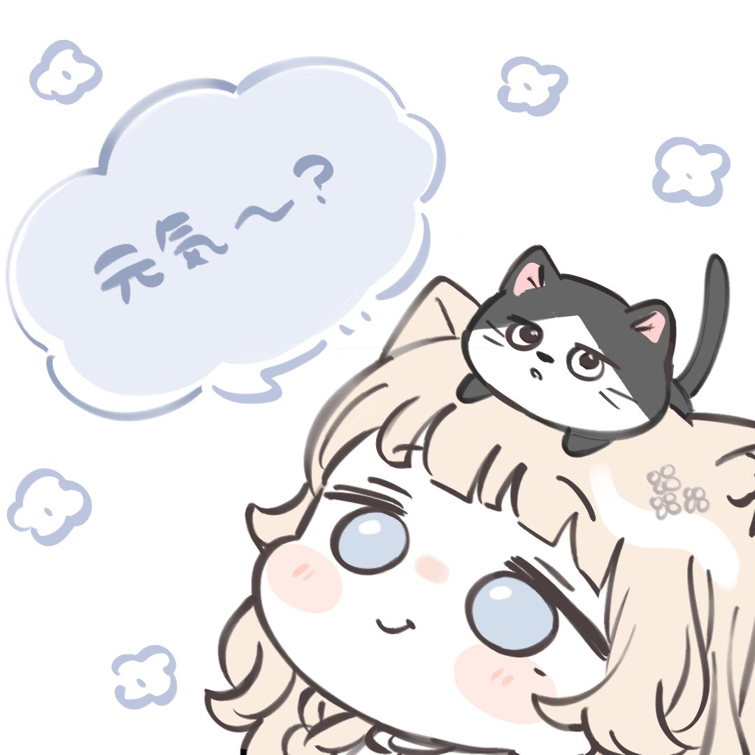 mochimiko, original, commentary, symbol-only commentary, translation request, 1girl, animal, animal ear fluff, animal ears, animal on head, artist self-insert, blush stickers, brown hair, cat, chibi, closed mouth, grey eyes, on head, simple background, smile, solo, upper body, white background